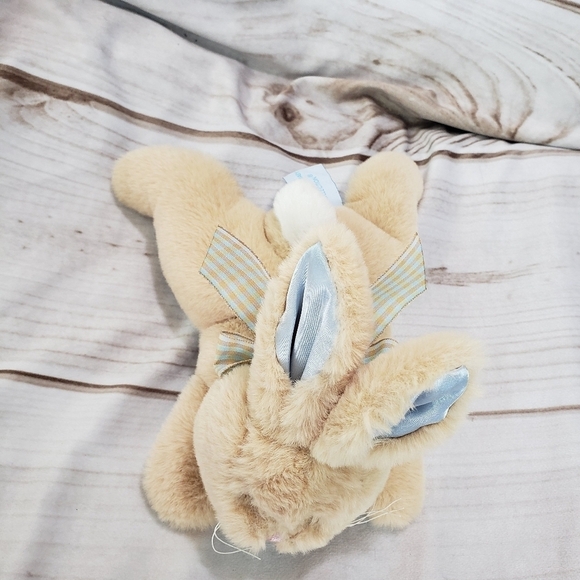 Bearington Baby Tan Blue Bunny Rabbit Plush Stuffed Toy 8 Inch Satin Rattle Bow - Picture 3 of 9